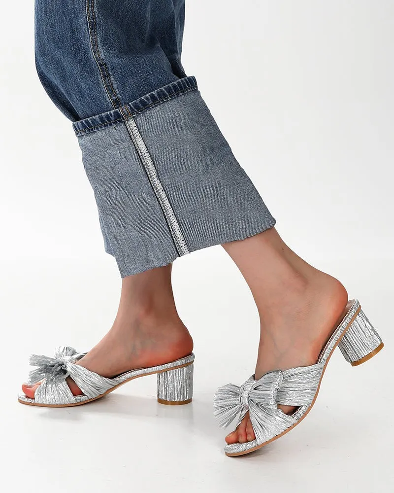 (Clean Up)Pleated Bow Open Toe Chunky Block Heel Sandals