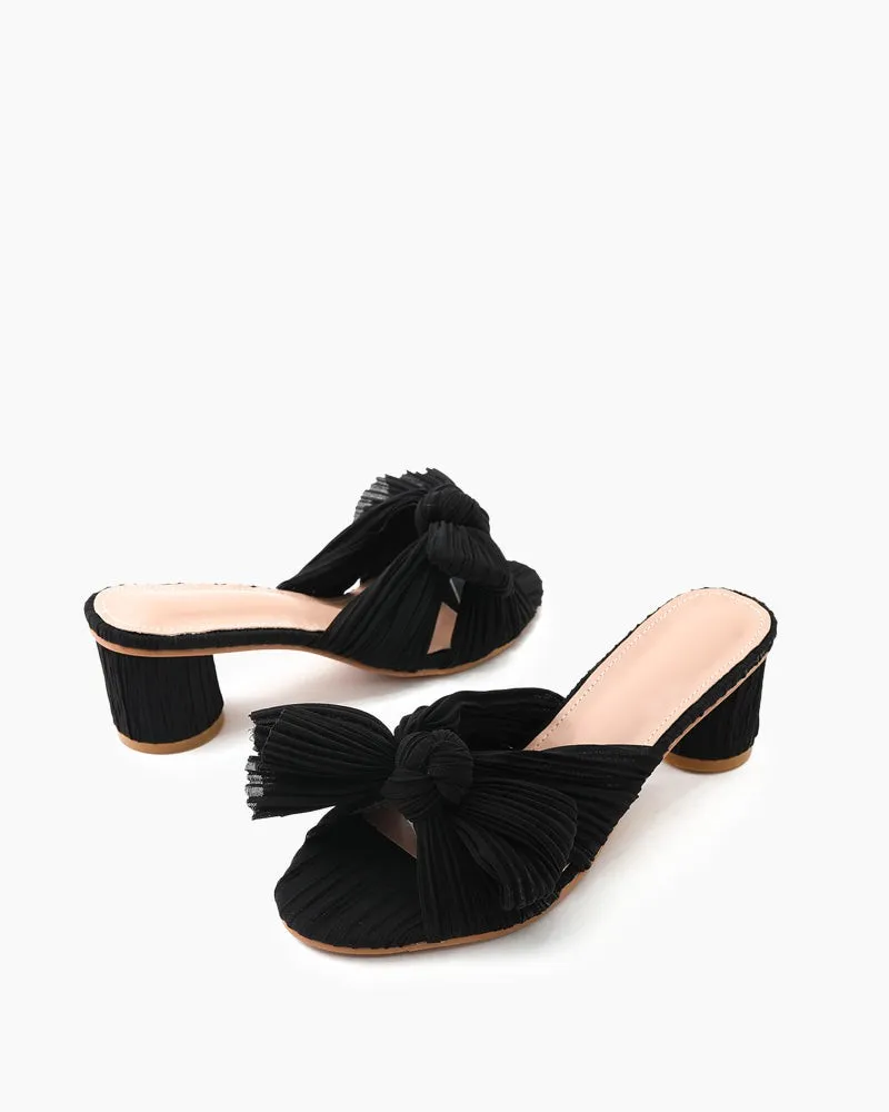 (Clean Up)Pleated Bow Open Toe Chunky Block Heel Sandals