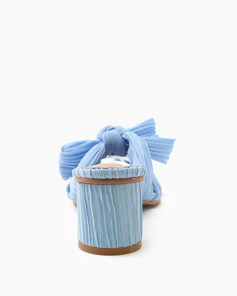 (Clean Up)Pleated Bow Open Toe Chunky Block Heel Sandals