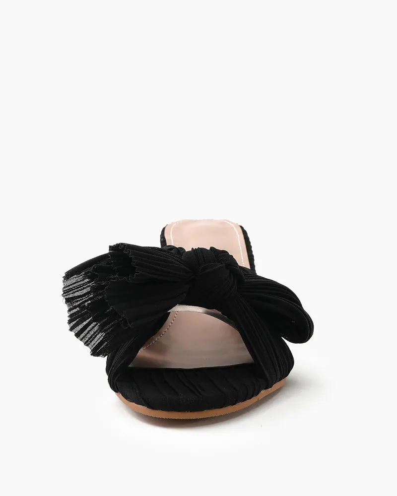 (Clean Up)Pleated Bow Open Toe Chunky Block Heel Sandals