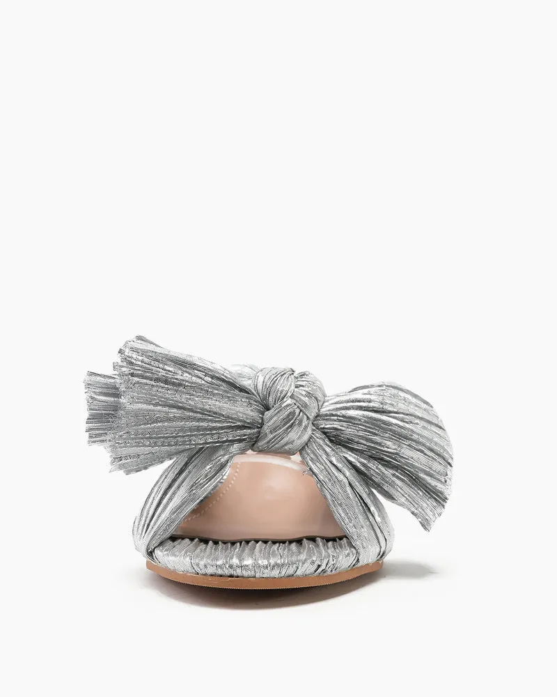 (Clean Up)Pleated Bow Open Toe Chunky Block Heel Sandals