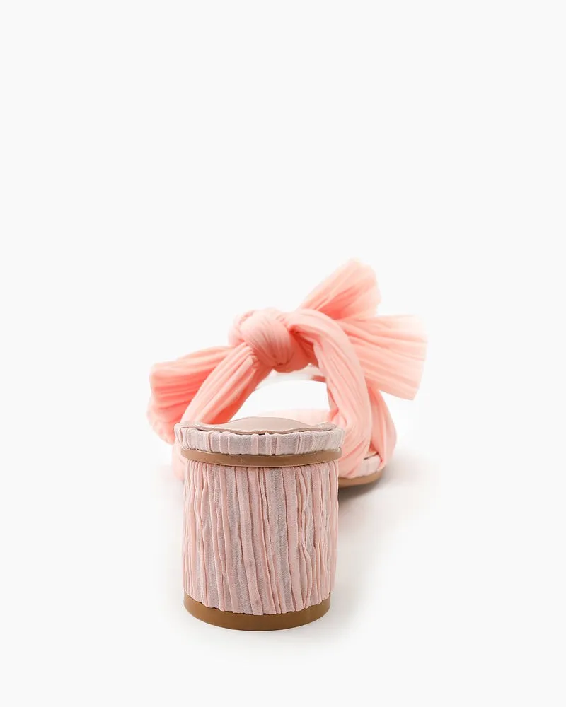 (Clean Up)Pleated Bow Open Toe Chunky Block Heel Sandals