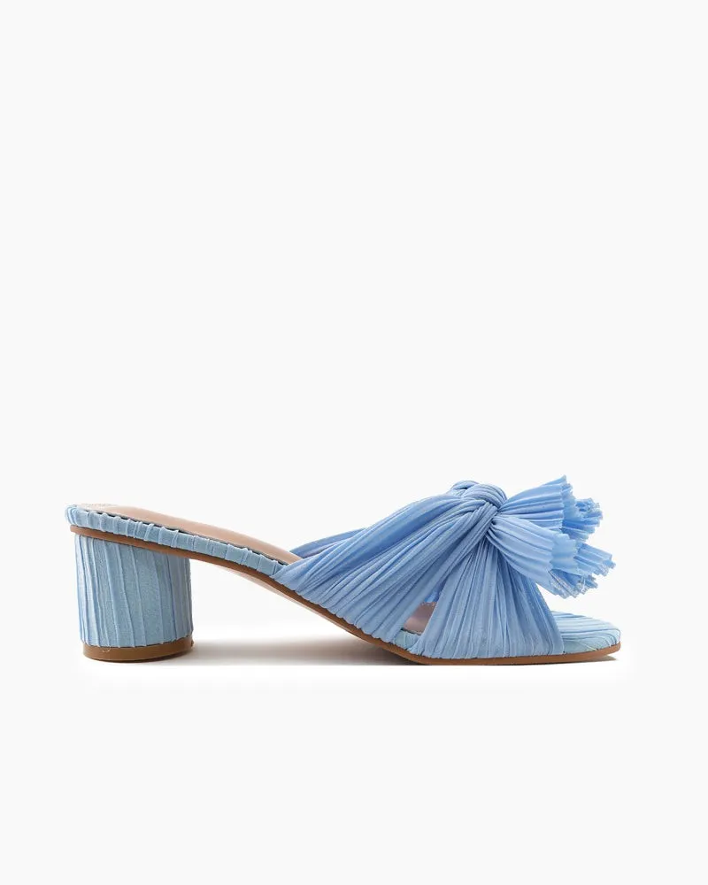 (Clean Up)Pleated Bow Open Toe Chunky Block Heel Sandals