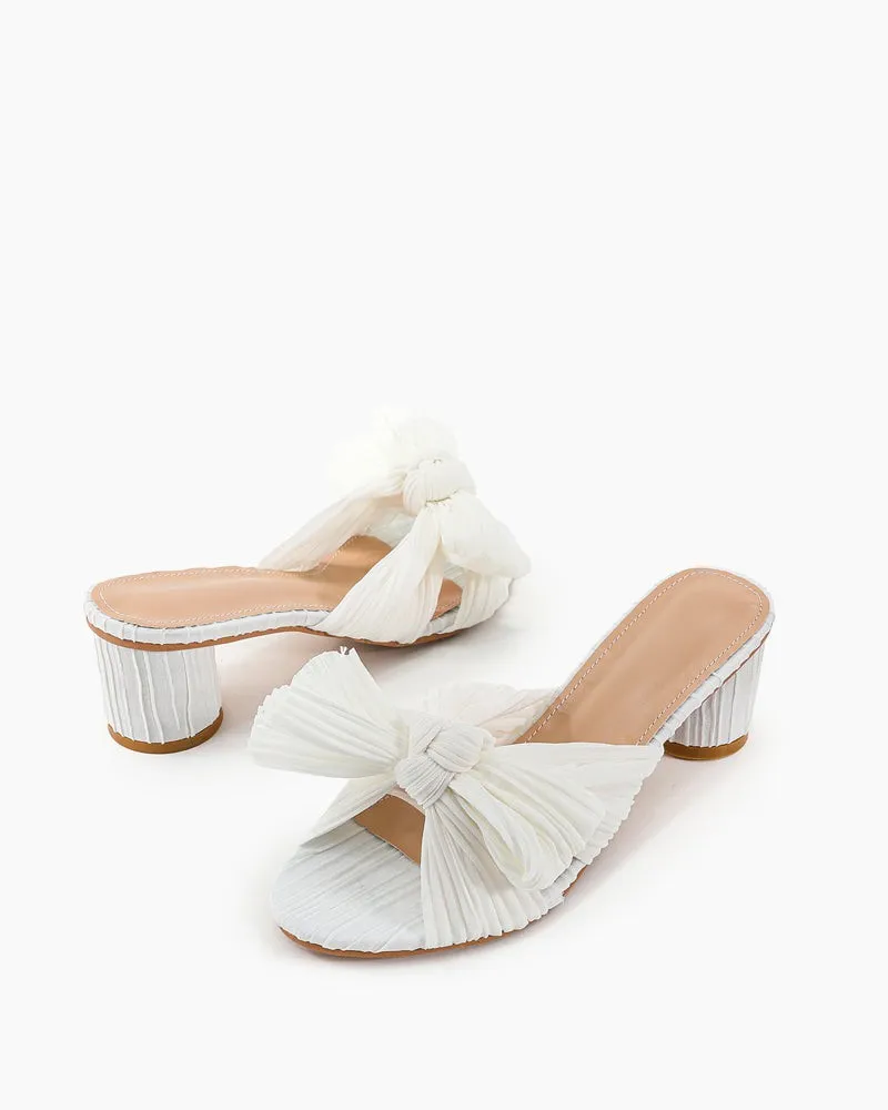 (Clean Up)Pleated Bow Open Toe Chunky Block Heel Sandals