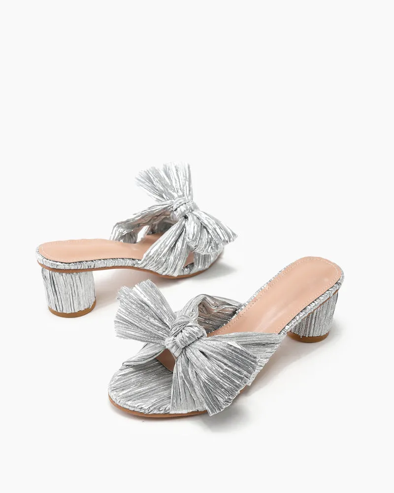 (Clean Up)Pleated Bow Open Toe Chunky Block Heel Sandals