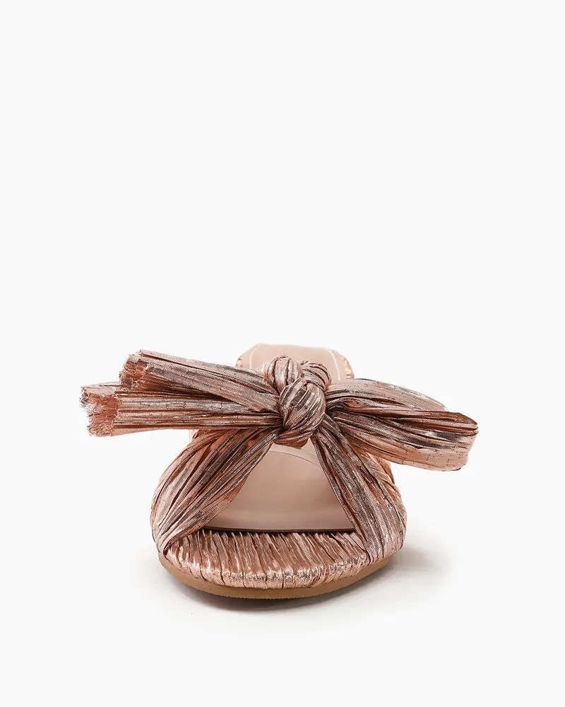 (Clean Up)Pleated Bow Open Toe Chunky Block Heel Sandals