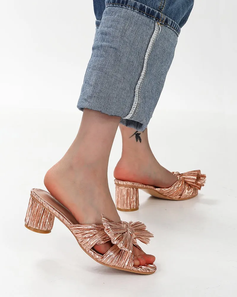(Clean Up)Pleated Bow Open Toe Chunky Block Heel Sandals