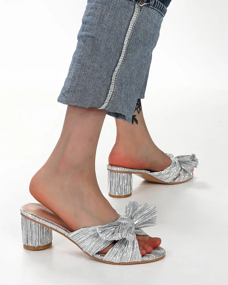 (Clean Up)Pleated Bow Open Toe Chunky Block Heel Sandals