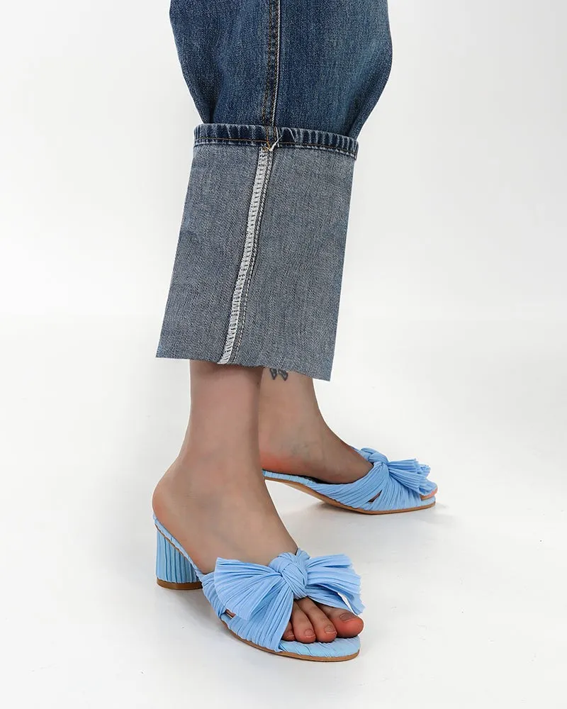 (Clean Up)Pleated Bow Open Toe Chunky Block Heel Sandals