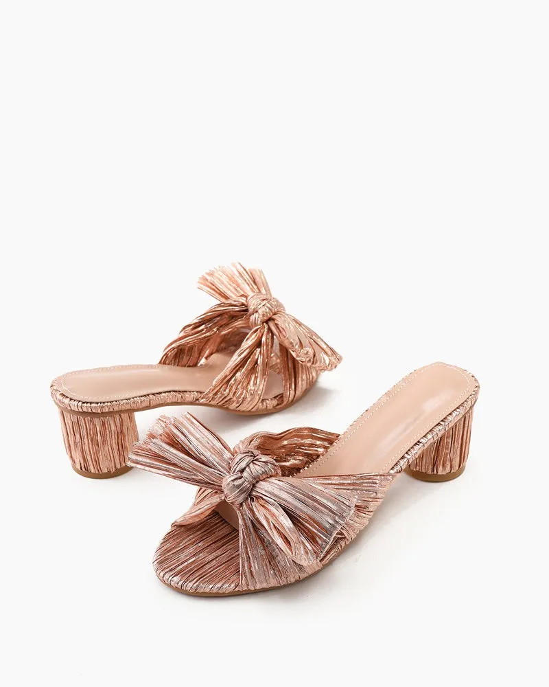 (Clean Up)Pleated Bow Open Toe Chunky Block Heel Sandals
