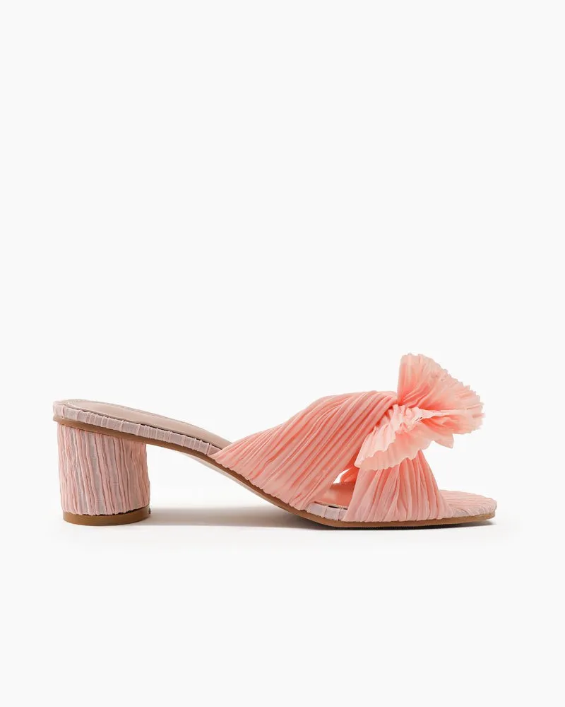 (Clean Up)Pleated Bow Open Toe Chunky Block Heel Sandals