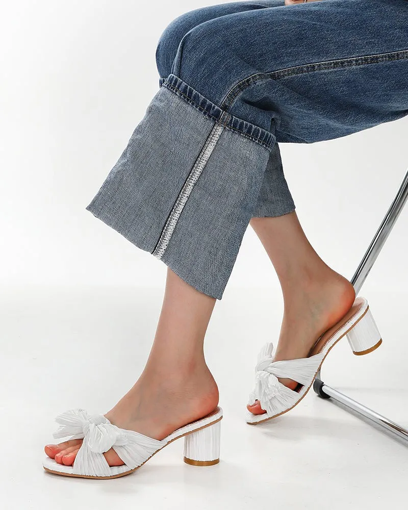 (Clean Up)Pleated Bow Open Toe Chunky Block Heel Sandals