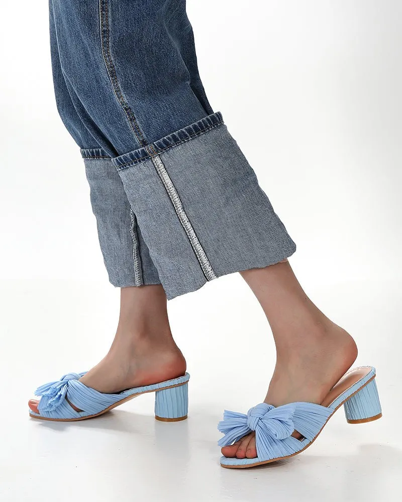 (Clean Up)Pleated Bow Open Toe Chunky Block Heel Sandals