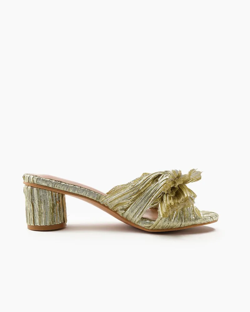 (Clean Up)Pleated Bow Open Toe Chunky Block Heel Sandals