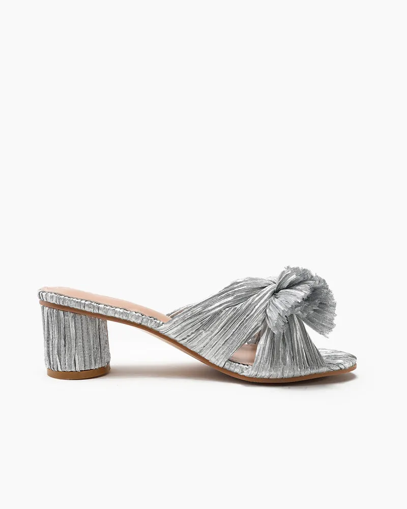 (Clean Up)Pleated Bow Open Toe Chunky Block Heel Sandals