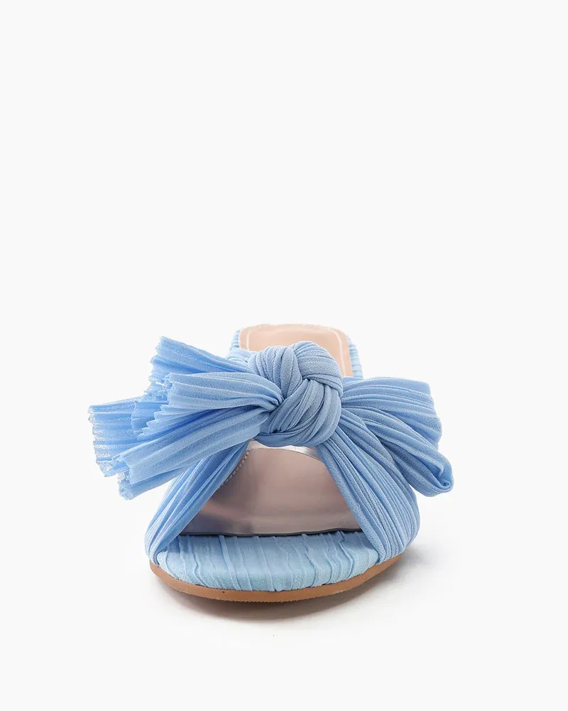 (Clean Up)Pleated Bow Open Toe Chunky Block Heel Sandals