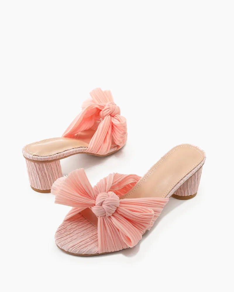 (Clean Up)Pleated Bow Open Toe Chunky Block Heel Sandals