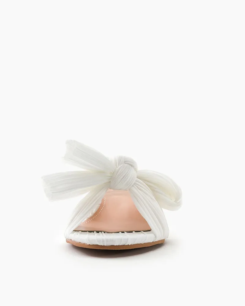 (Clean Up)Pleated Bow Open Toe Chunky Block Heel Sandals
