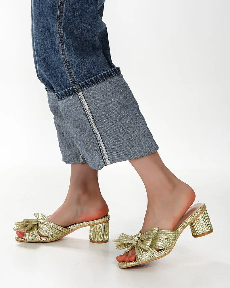 (Clean Up)Pleated Bow Open Toe Chunky Block Heel Sandals