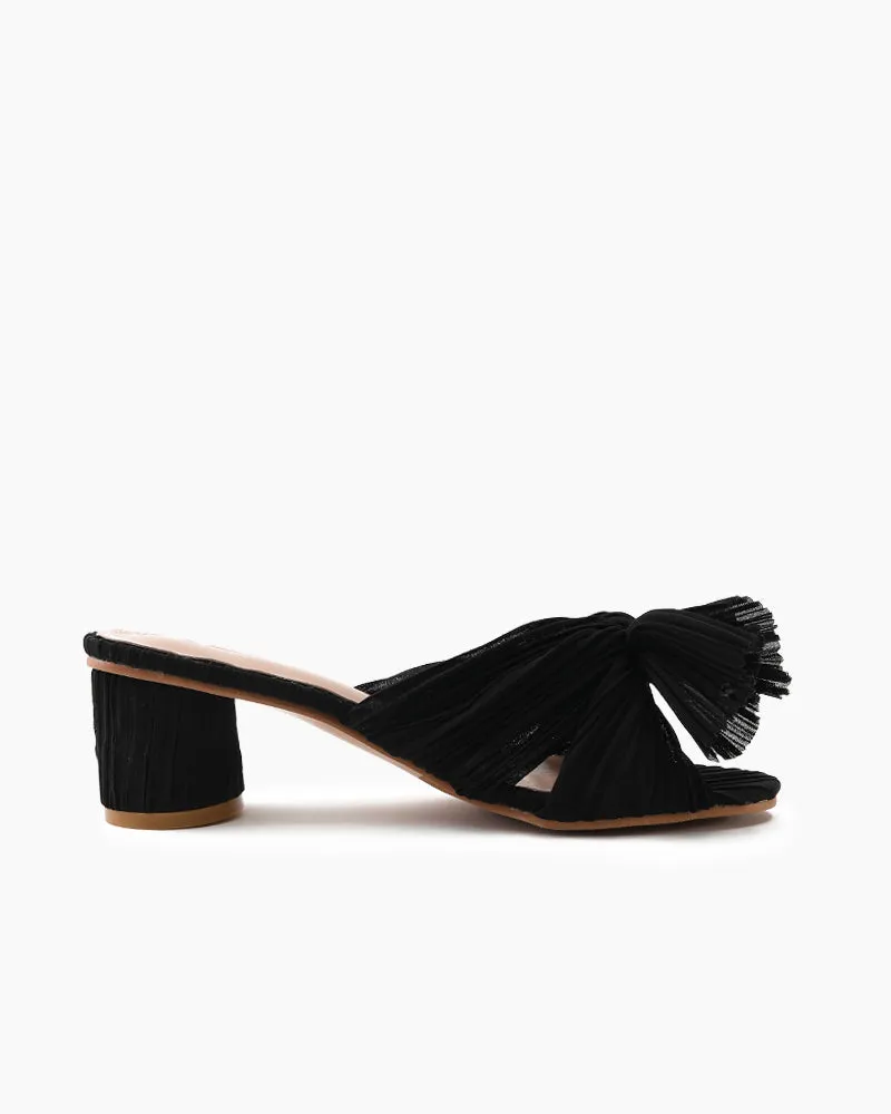 (Clean Up)Pleated Bow Open Toe Chunky Block Heel Sandals