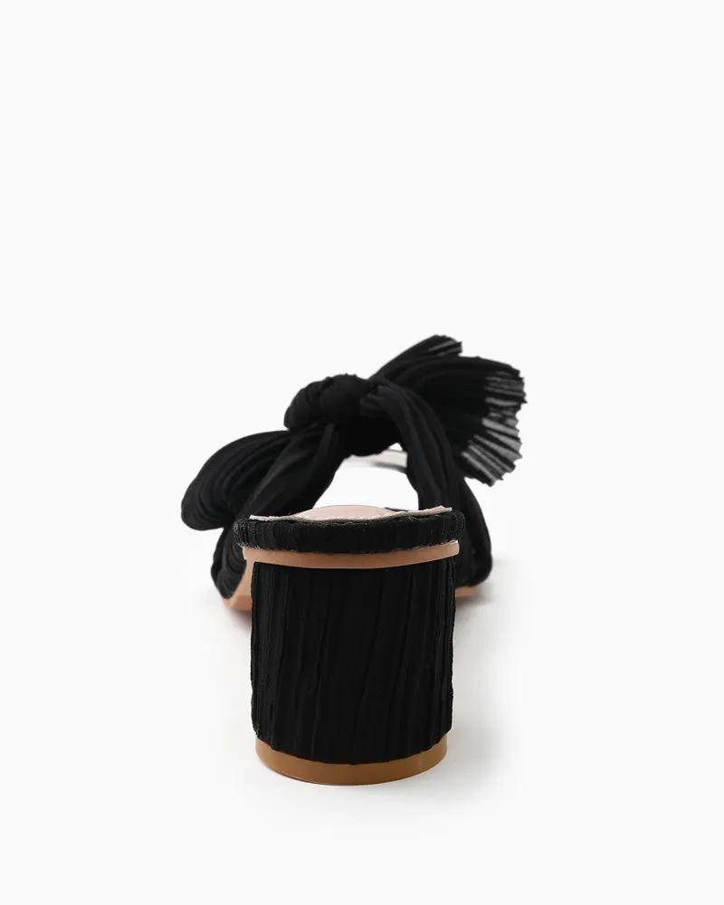 (Clean Up)Pleated Bow Open Toe Chunky Block Heel Sandals