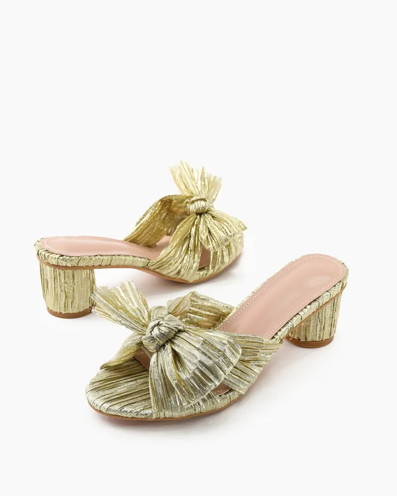 (Clean Up)Pleated Bow Open Toe Chunky Block Heel Sandals