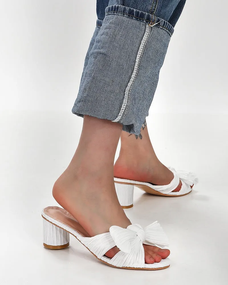 (Clean Up)Pleated Bow Open Toe Chunky Block Heel Sandals