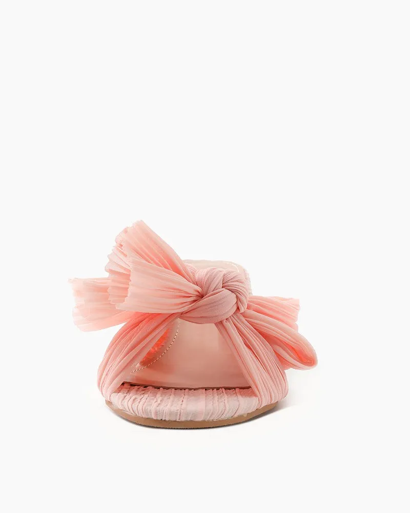 (Clean Up)Pleated Bow Open Toe Chunky Block Heel Sandals