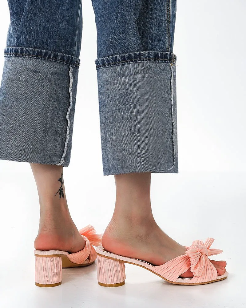 (Clean Up)Pleated Bow Open Toe Chunky Block Heel Sandals