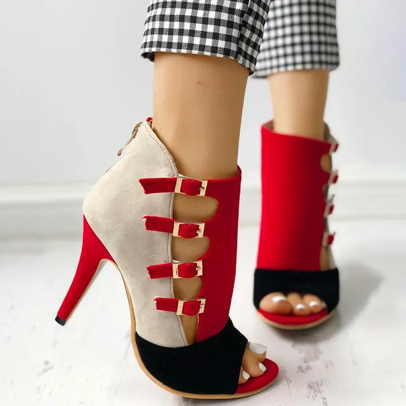 Colorblock Splicing Hollow Out Buckled Thin Heels