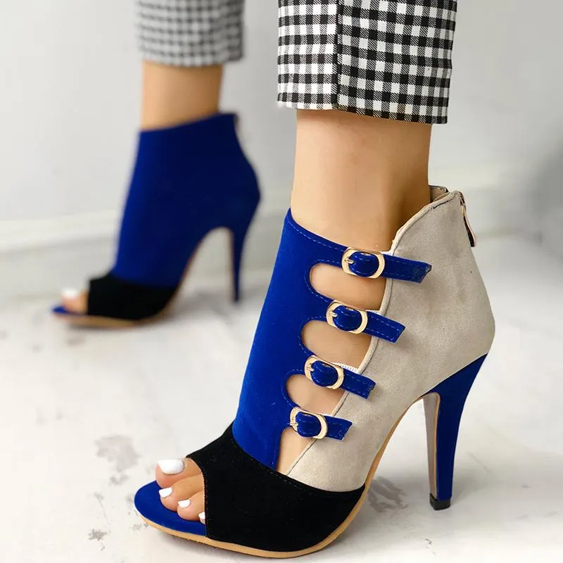 Colorblock Splicing Hollow Out Buckled Thin Heels