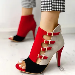 Colorblock Splicing Hollow Out Buckled Thin Heels