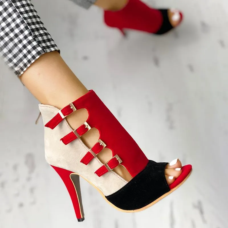 Colorblock Splicing Hollow Out Buckled Thin Heels