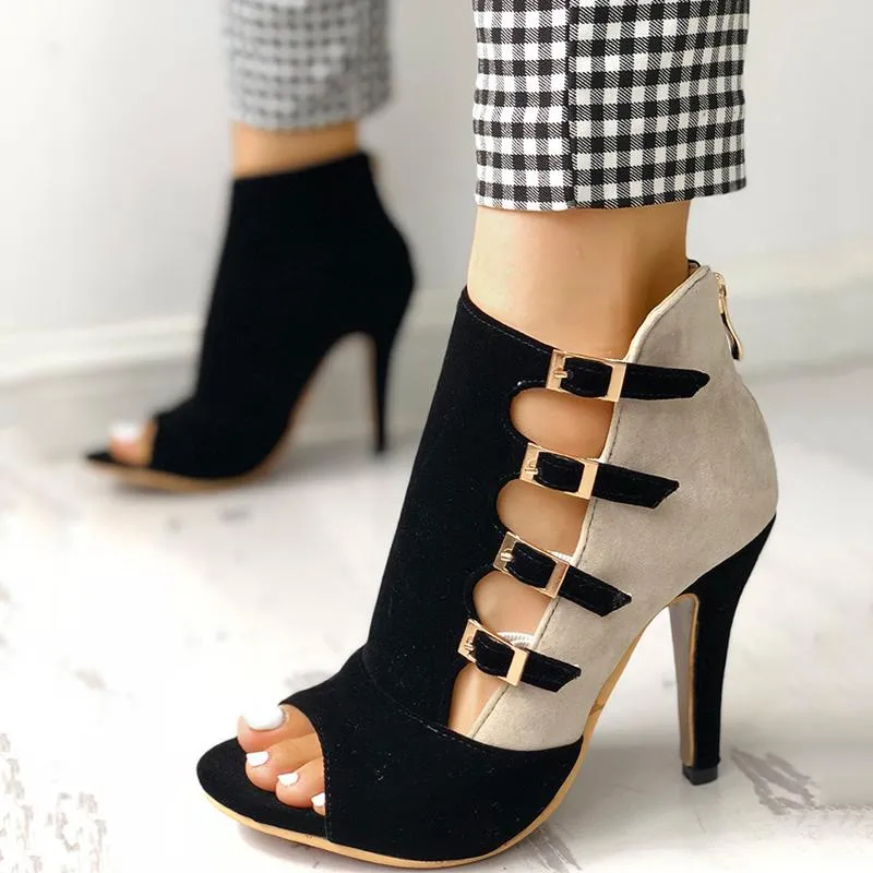 Colorblock Splicing Hollow Out Buckled Thin Heels