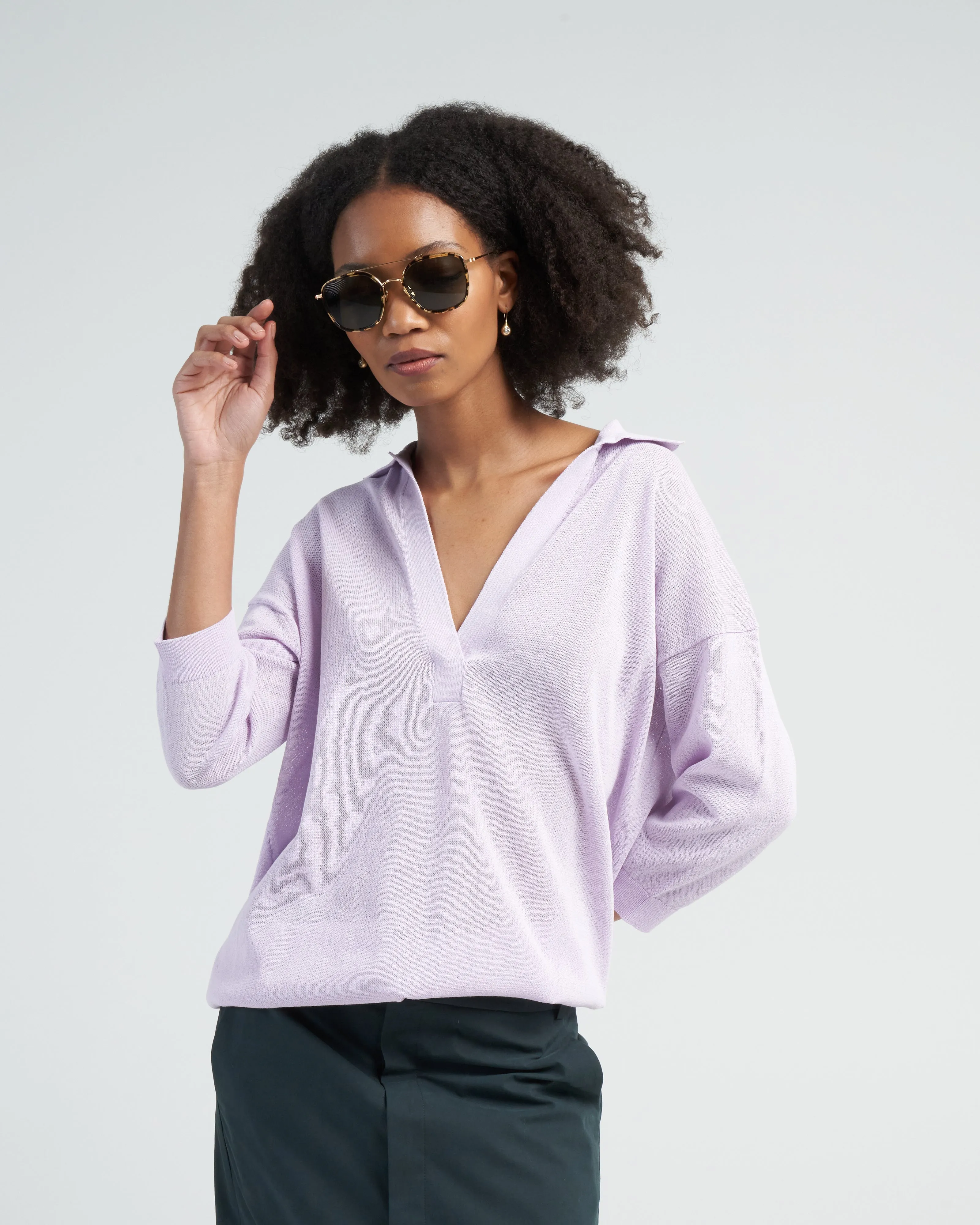 crispy cotton sweater easy polo - dusty lavender