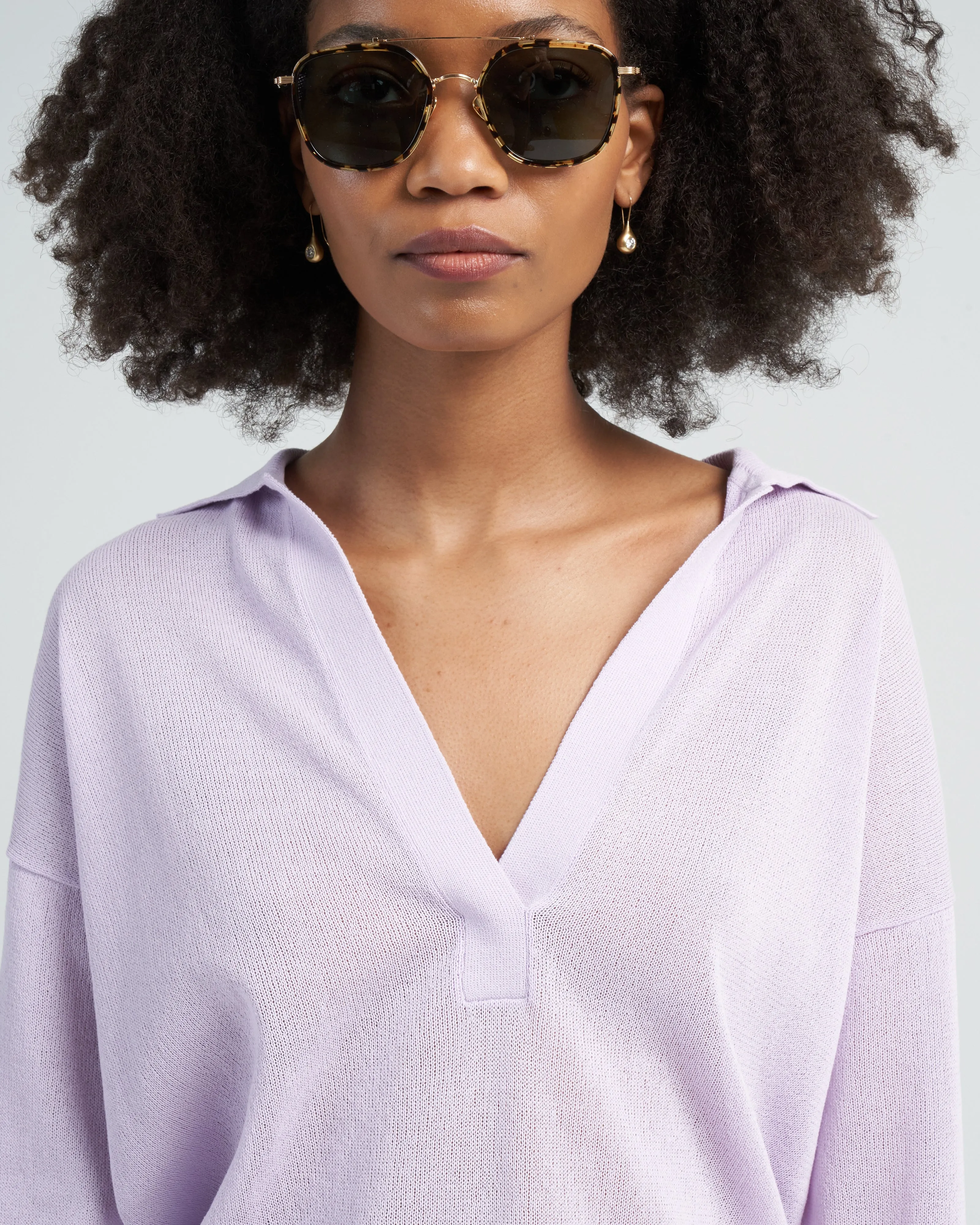 crispy cotton sweater easy polo - dusty lavender