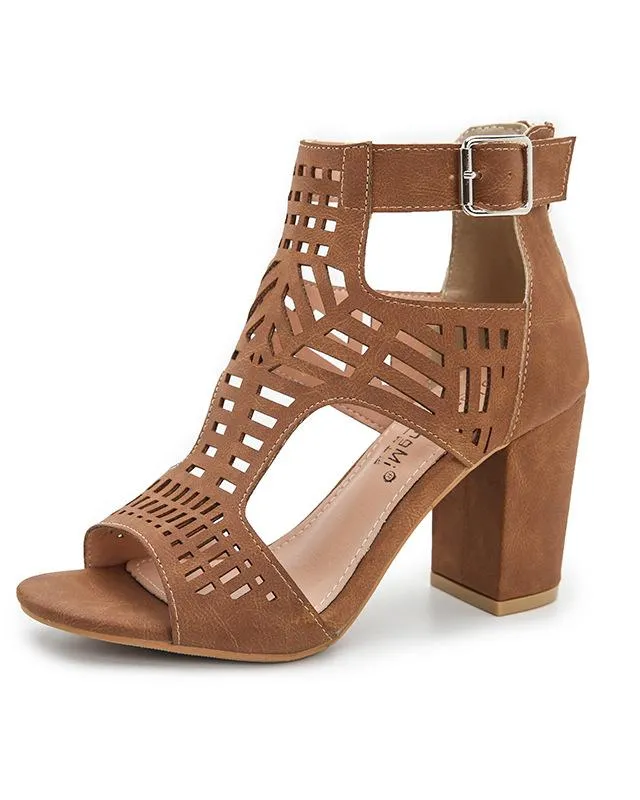 Cut Out Peed Toe Heeled Buckle Sandals - Brown