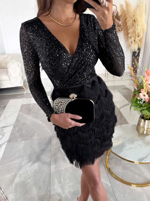 Dazzling Glam Long Sleeve Sequin Party Dress | Fringe Dress | Sequin Glitter Dress | Cocktail Dress