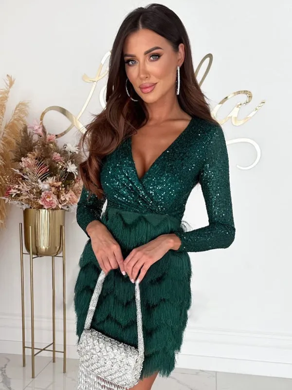 Dazzling Glam Long Sleeve Sequin Party Dress | Fringe Dress | Sequin Glitter Dress | Cocktail Dress
