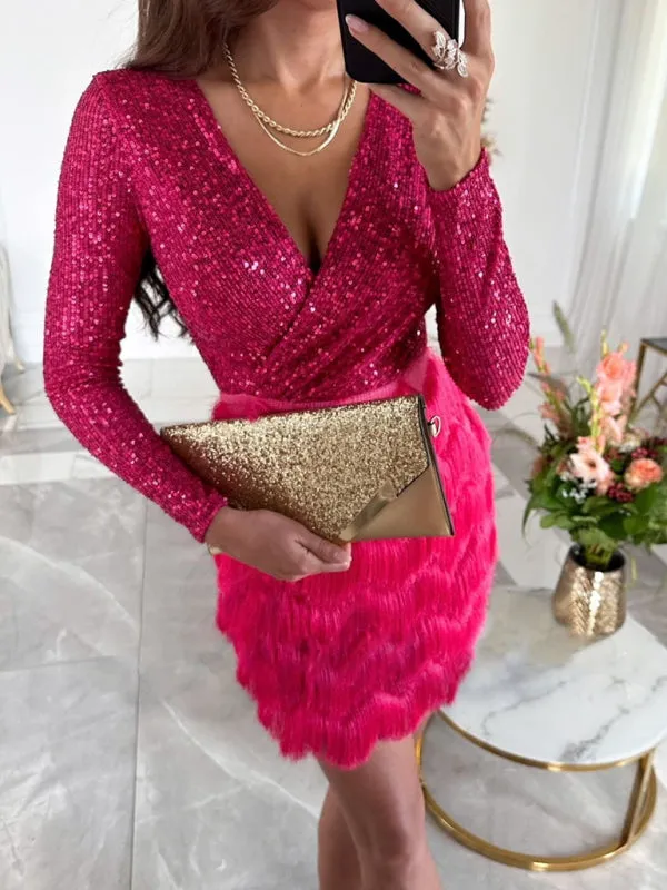 Dazzling Glam Long Sleeve Sequin Party Dress | Fringe Dress | Sequin Glitter Dress | Cocktail Dress