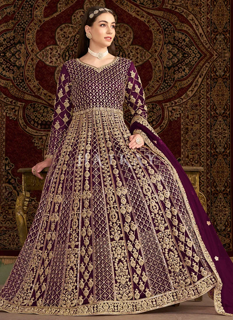 Deep Purple Embroidered Traditional Anarkali Suit