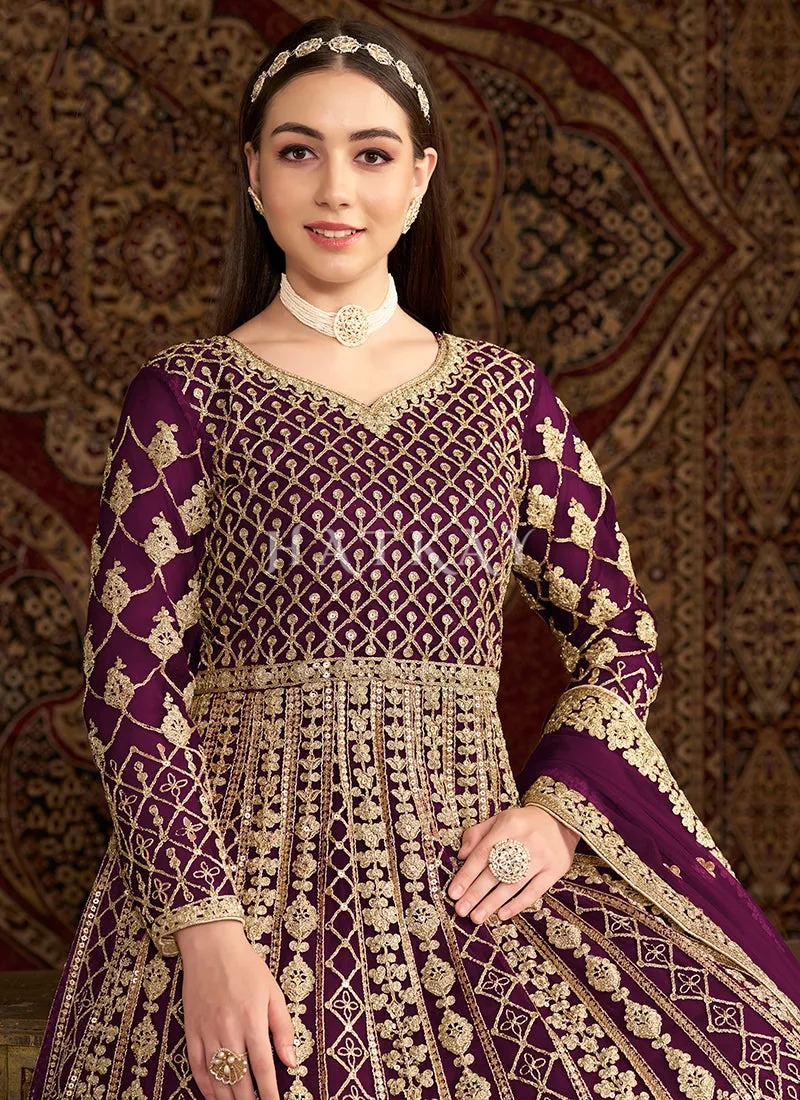 Deep Purple Embroidered Traditional Anarkali Suit