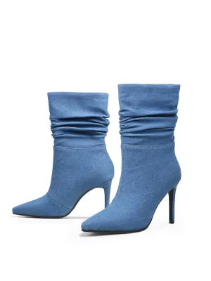 Denim Ruched Ankle Stiletto Boots