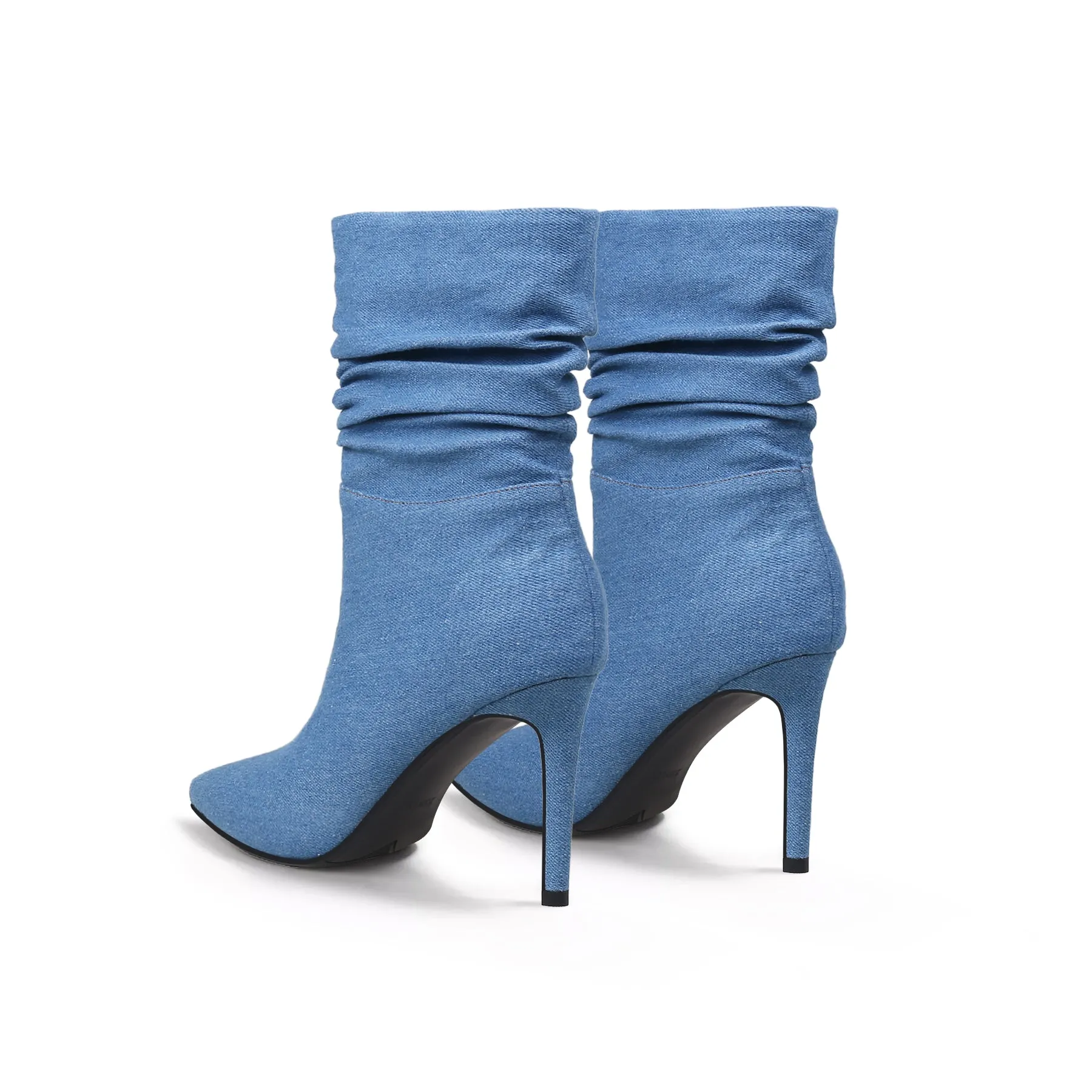 Denim Ruched Ankle Stiletto Boots