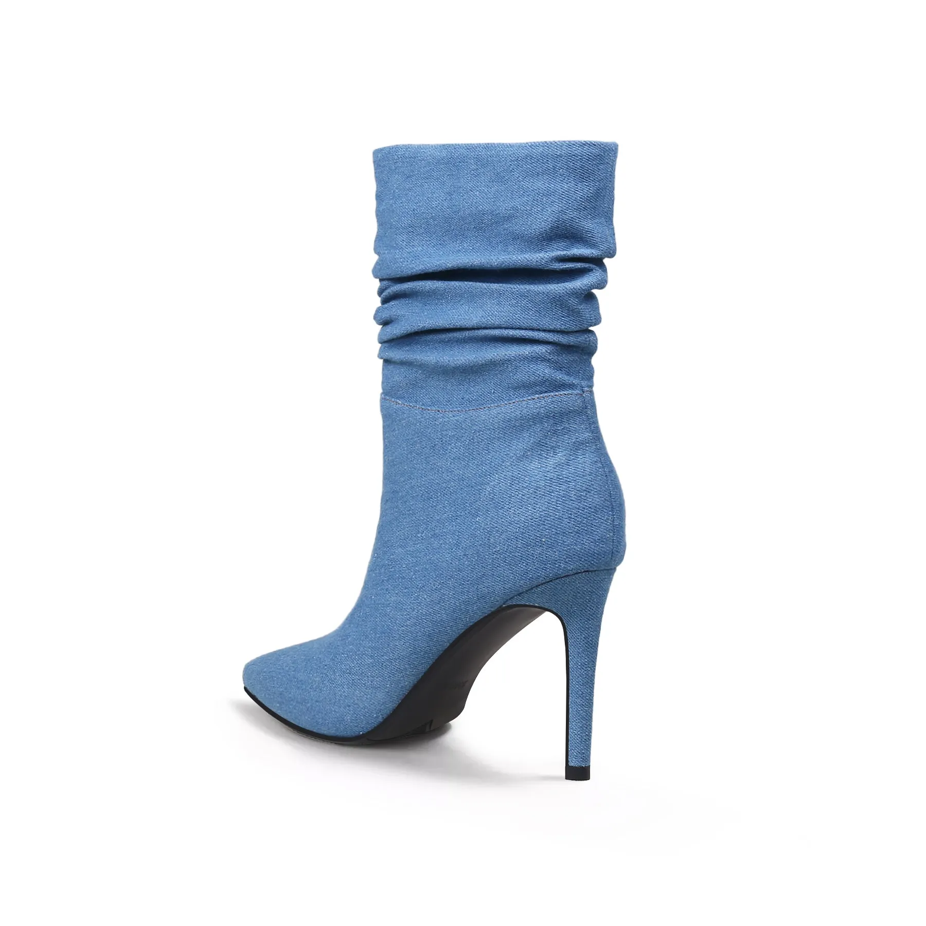 Denim Ruched Ankle Stiletto Boots