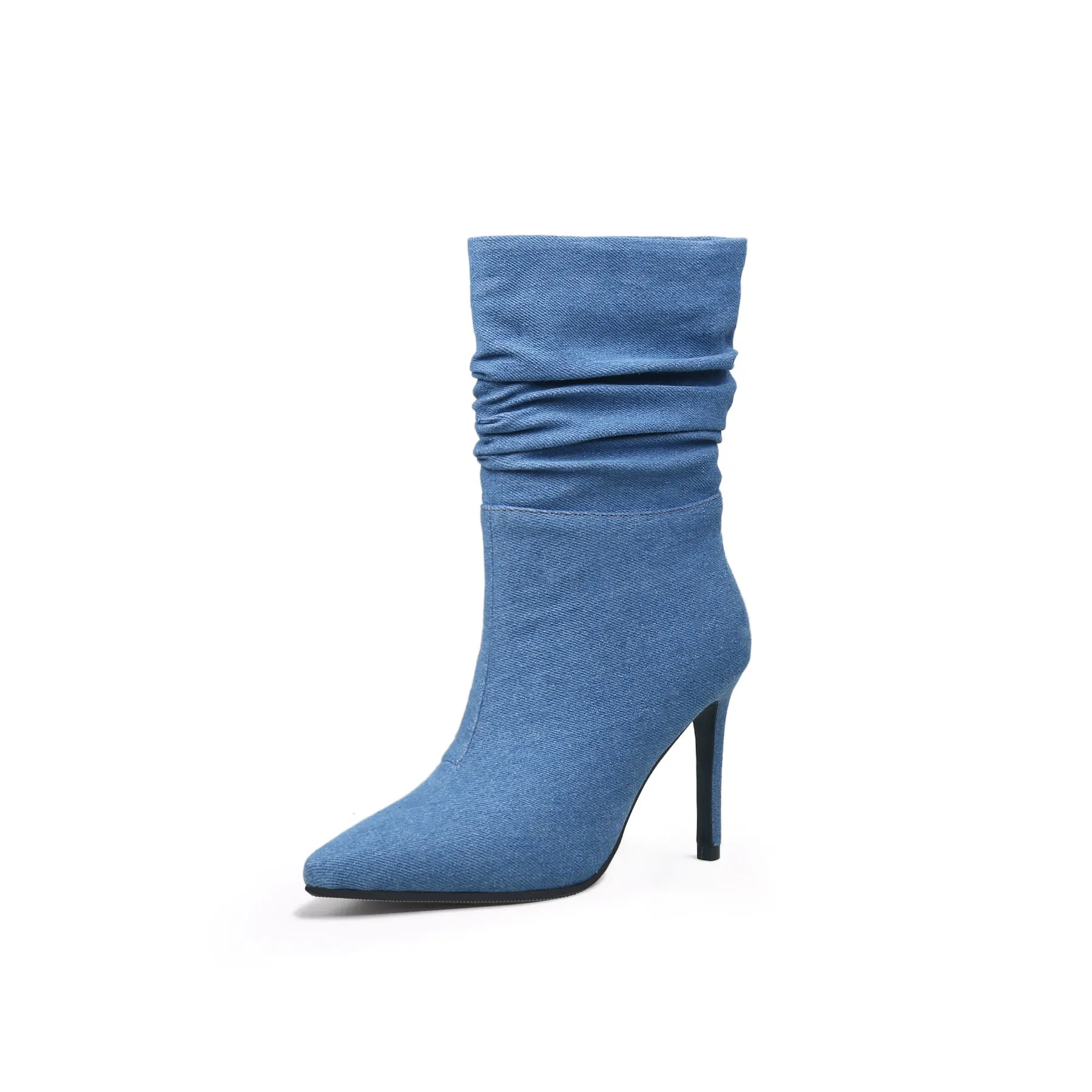 Denim Ruched Ankle Stiletto Boots