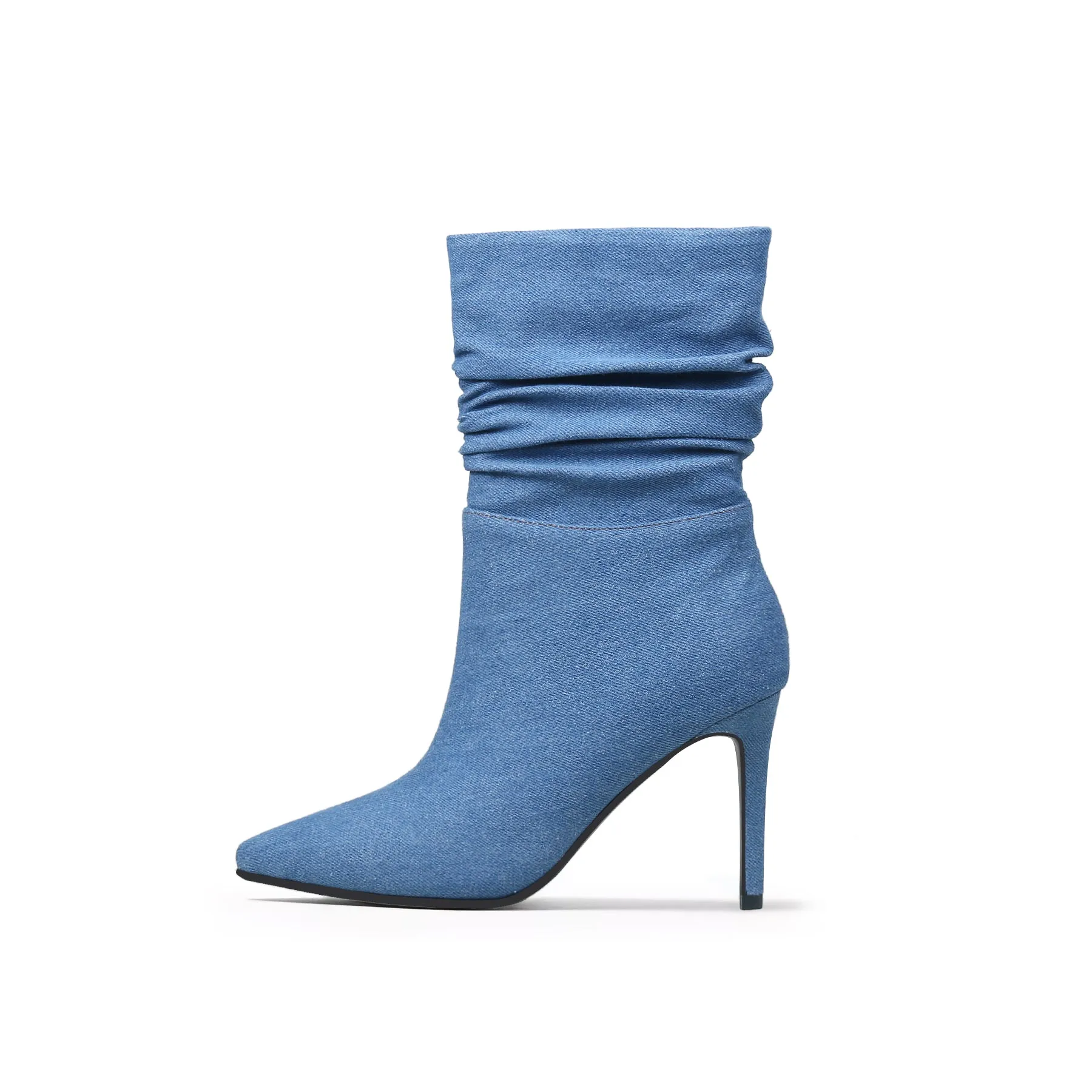 Denim Ruched Ankle Stiletto Boots