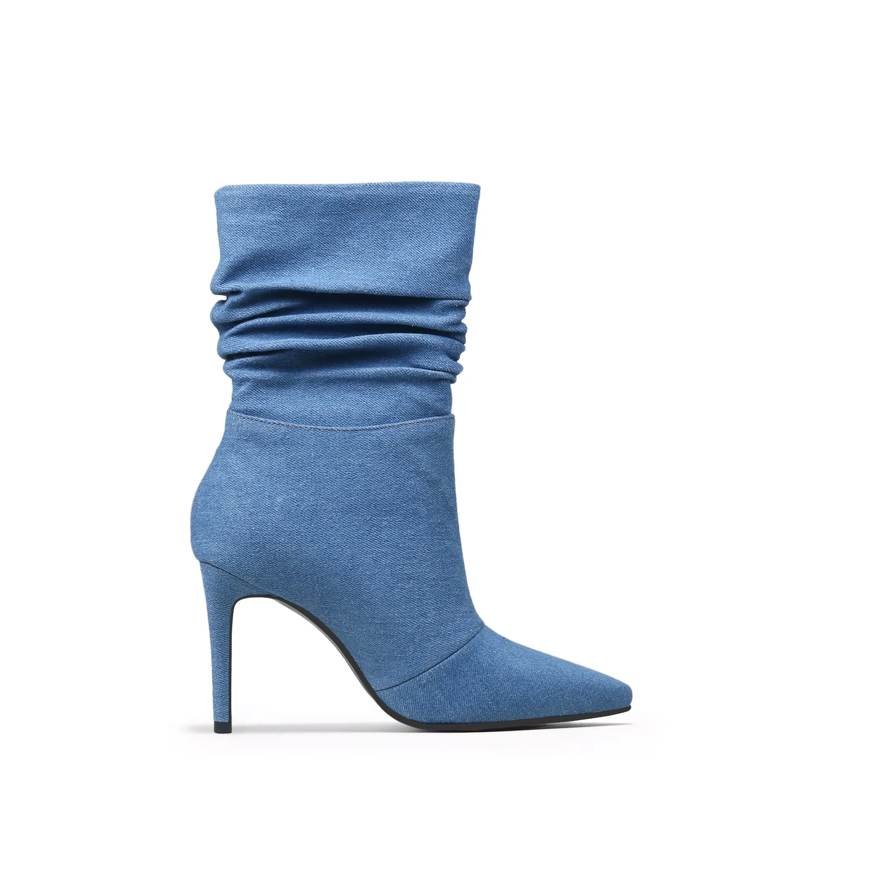 Denim Ruched Ankle Stiletto Boots