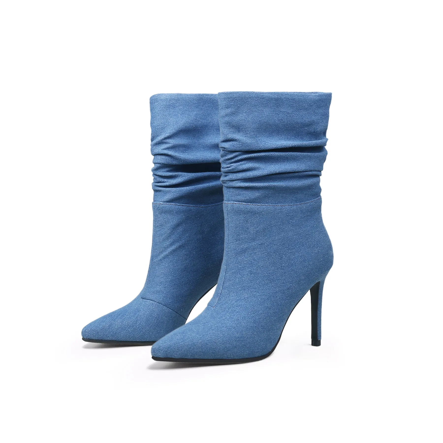 Denim Ruched Ankle Stiletto Boots