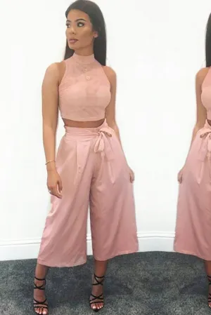 Dusty Pink Mesh Round Neck Crop Top - Carii